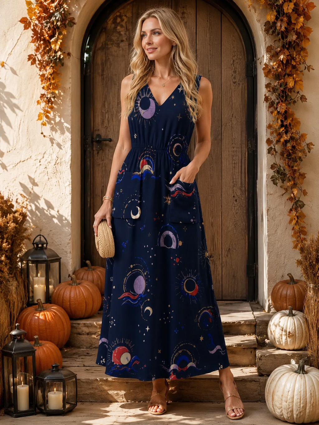Navy Celestial Floral Maxi Dress with Pockets | V-Neck