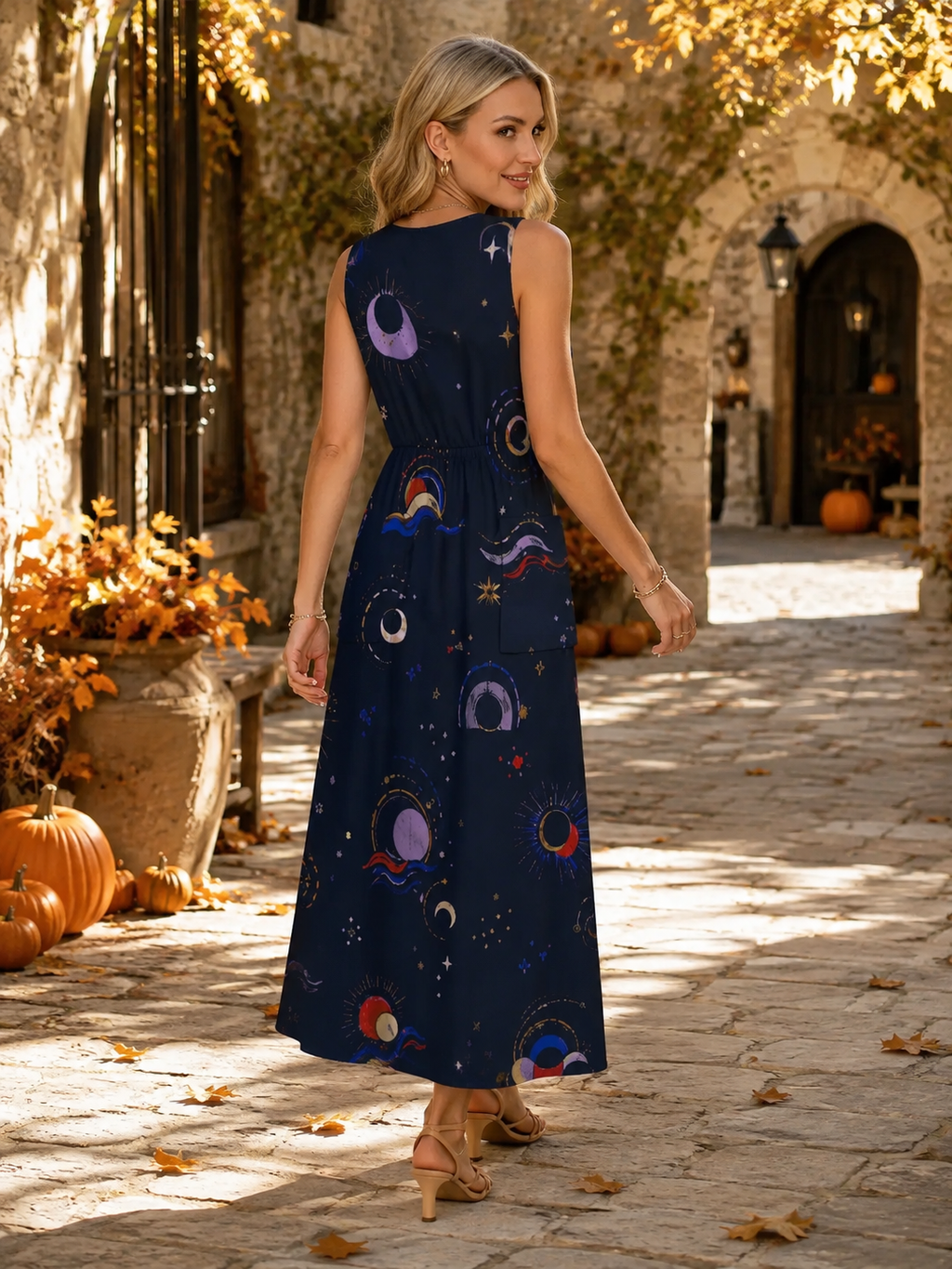 Navy Celestial Floral Maxi Dress with Pockets | V-Neck