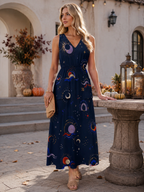 Navy Celestial Floral Maxi Dress with Pockets | V-Neck