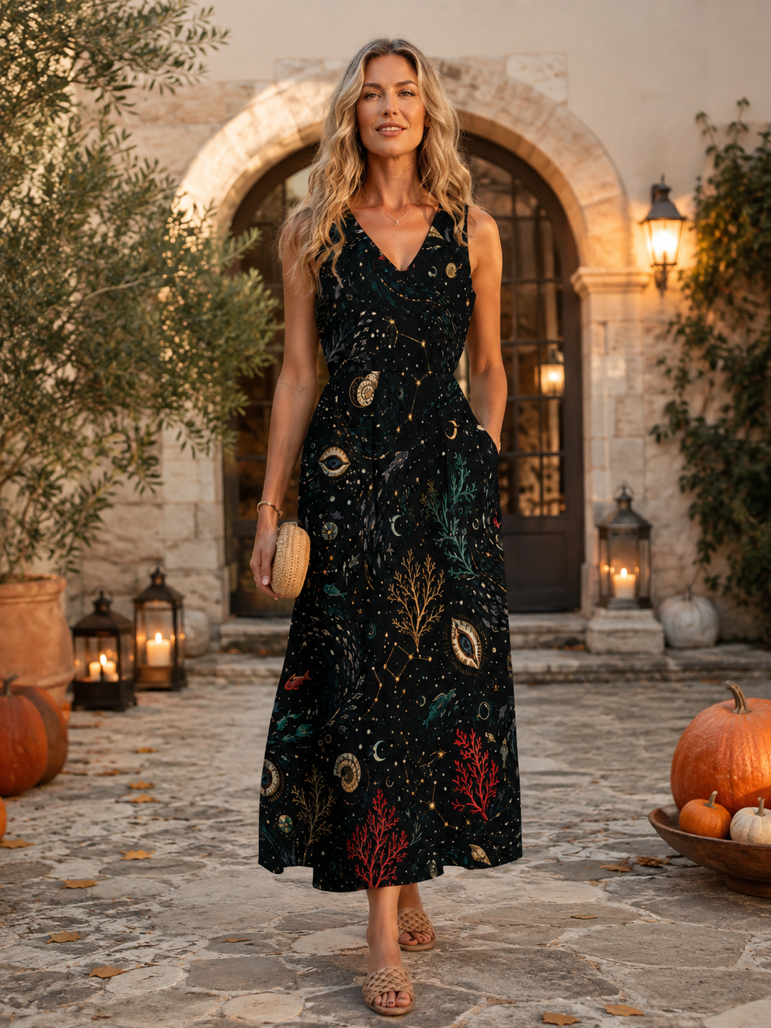Black Abstract Floral Maxi Dress with Pockets | V-Neck