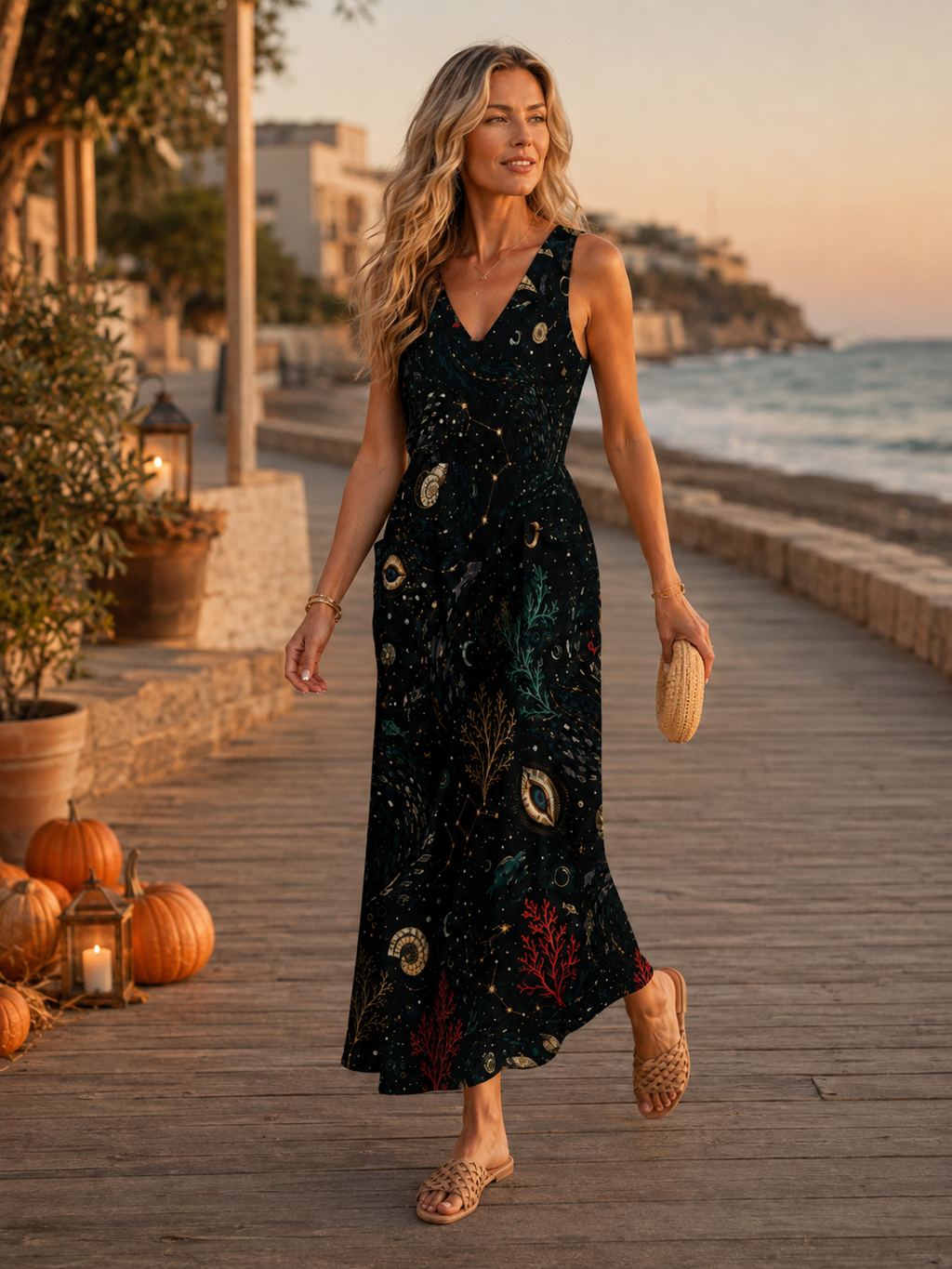 Black Abstract Floral Maxi Dress with Pockets | V-Neck