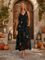 Black Abstract Floral Maxi Dress with Pockets | V-Neck