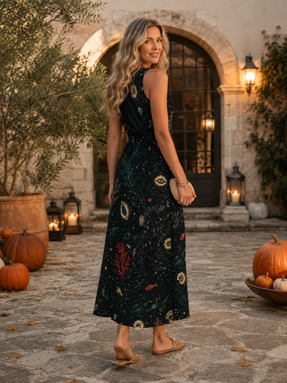 Black Abstract Floral Maxi Dress with Pockets | V-Neck