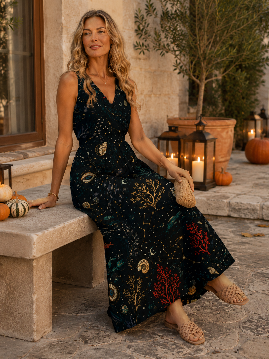 Black Abstract Floral Maxi Dress with Pockets | V-Neck