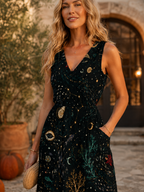 Black Abstract Floral Maxi Dress with Pockets | V-Neck