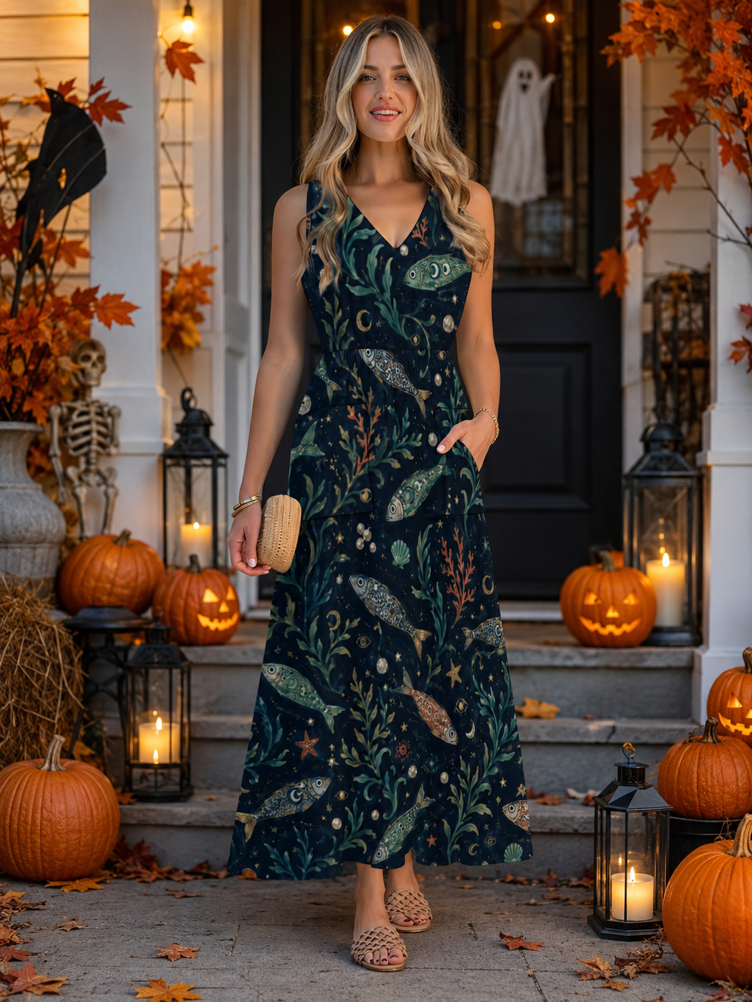 Teal Night Garden Maxi Dress with Pockets | V-Neck Resort Dress