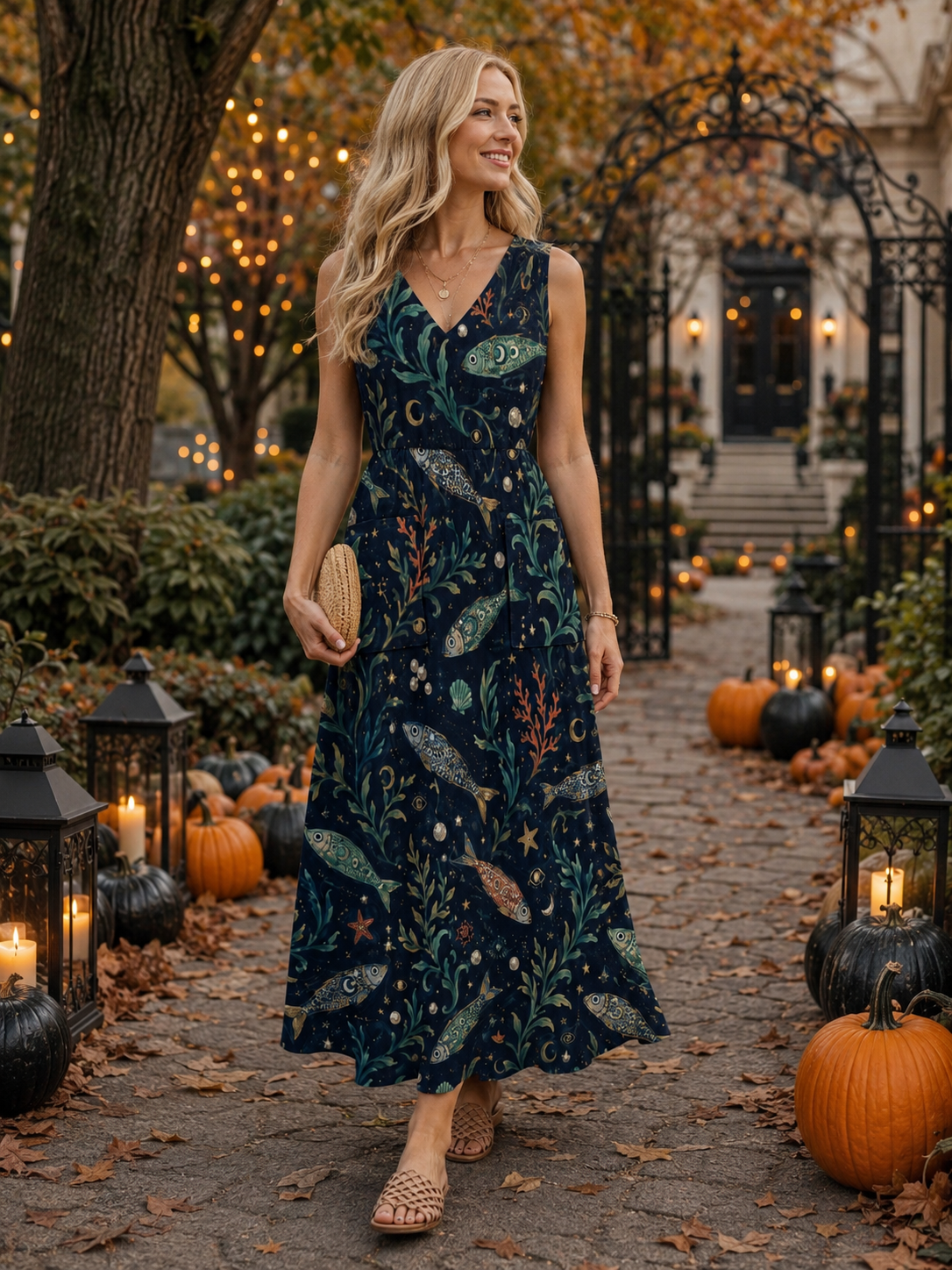 Teal Night Garden Maxi Dress with Pockets | V-Neck Resort Dress