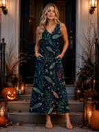 Teal Night Garden Maxi Dress with Pockets | V-Neck Resort Dress