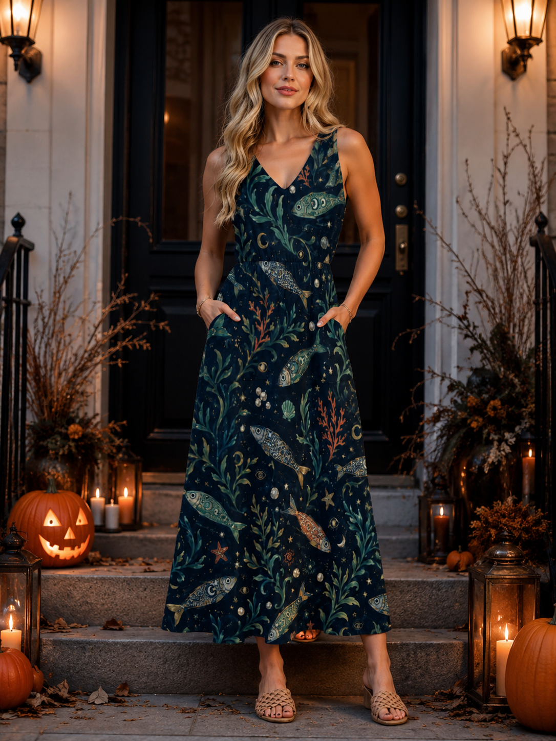 Teal Night Garden Maxi Dress with Pockets | V-Neck Resort Dress