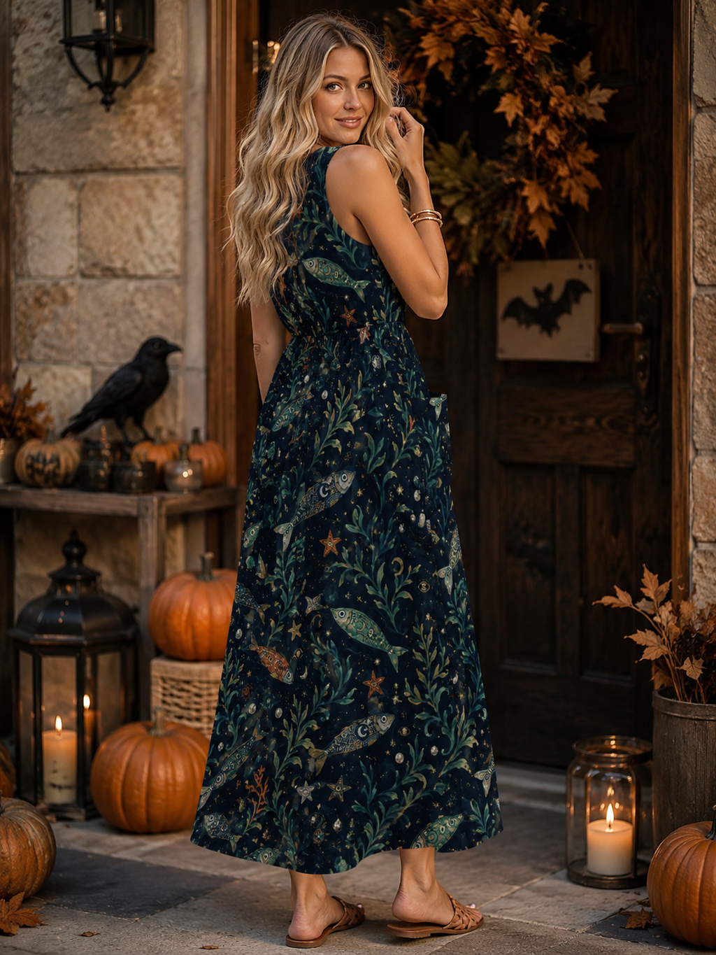 Teal Night Garden Maxi Dress with Pockets | V-Neck Resort Dress