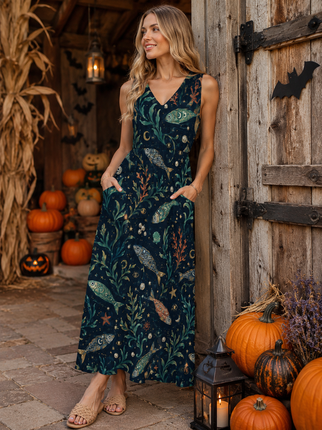 Teal Night Garden Maxi Dress with Pockets | V-Neck Resort Dress