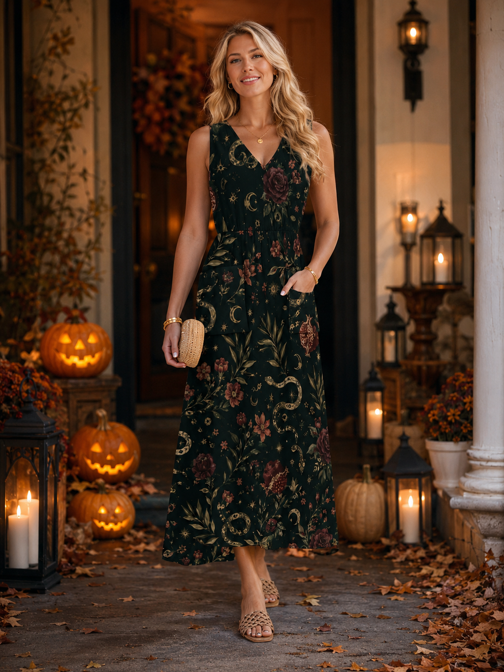 Forest Botanical Maxi Dress with Pockets | V-Neck Resort Dress