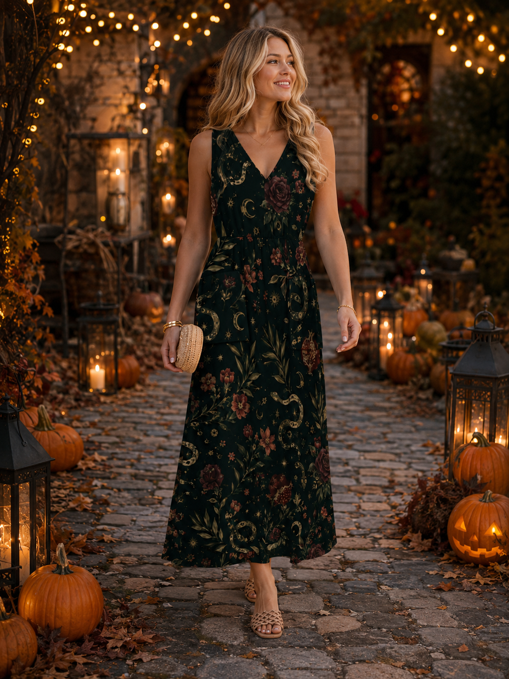 Forest Botanical Maxi Dress with Pockets | V-Neck Resort Dress