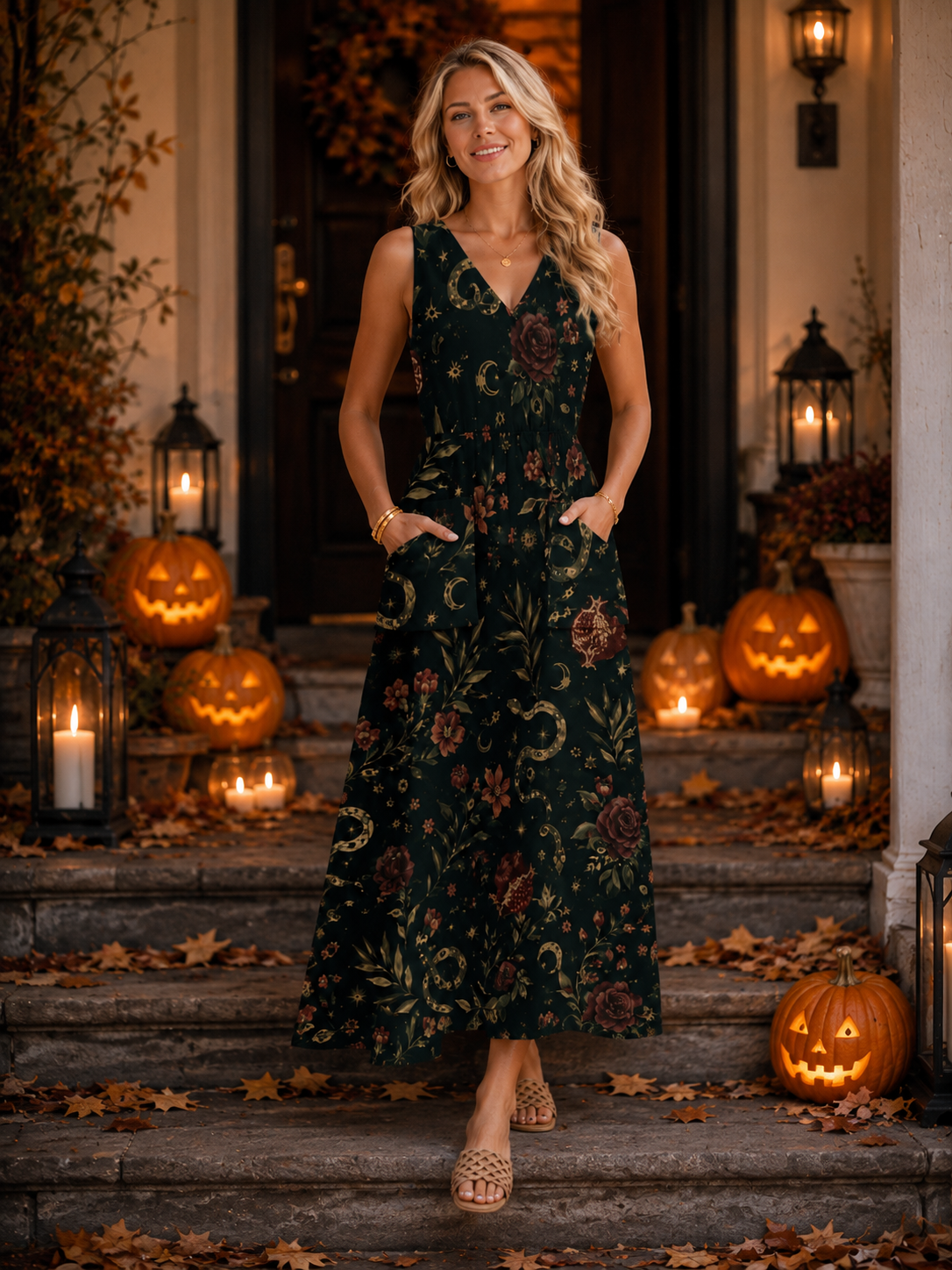 Forest Botanical Maxi Dress with Pockets | V-Neck Resort Dress