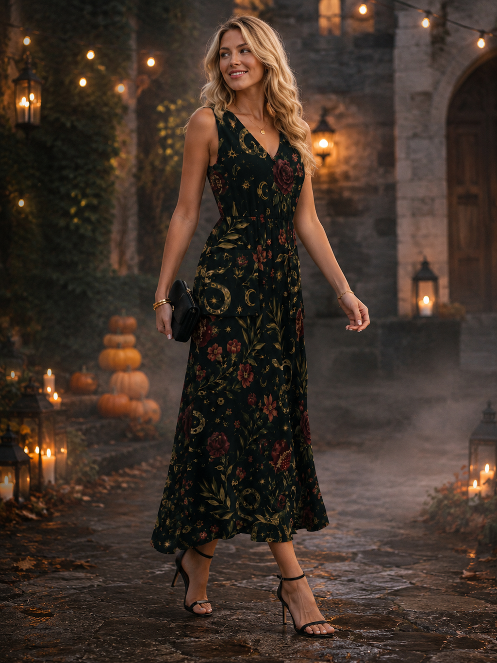 Forest Botanical Maxi Dress with Pockets | V-Neck Resort Dress