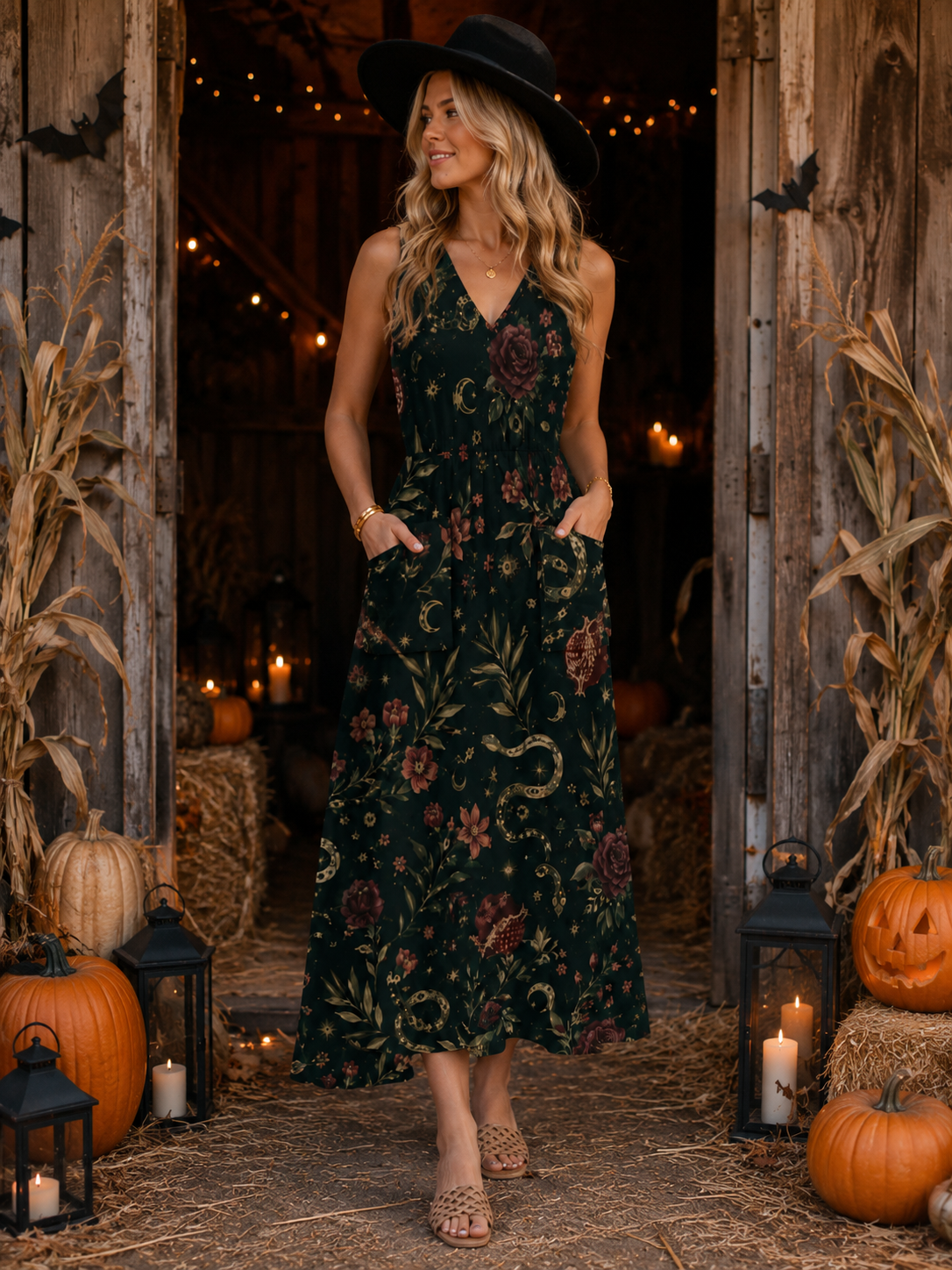 Forest Botanical Maxi Dress with Pockets | V-Neck Resort Dress