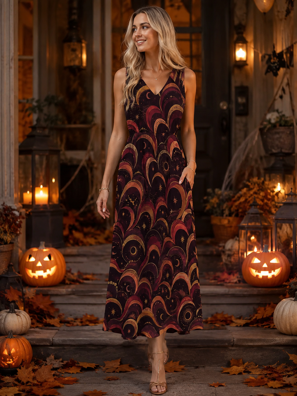 Burgundy Night Garden Maxi Dress with Pockets | V-Neck