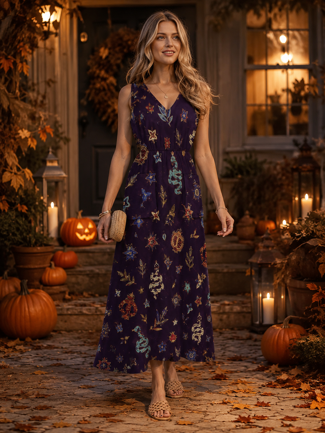 Midnight Floral Maxi Dress with Pockets | V-Neck Resort Dress