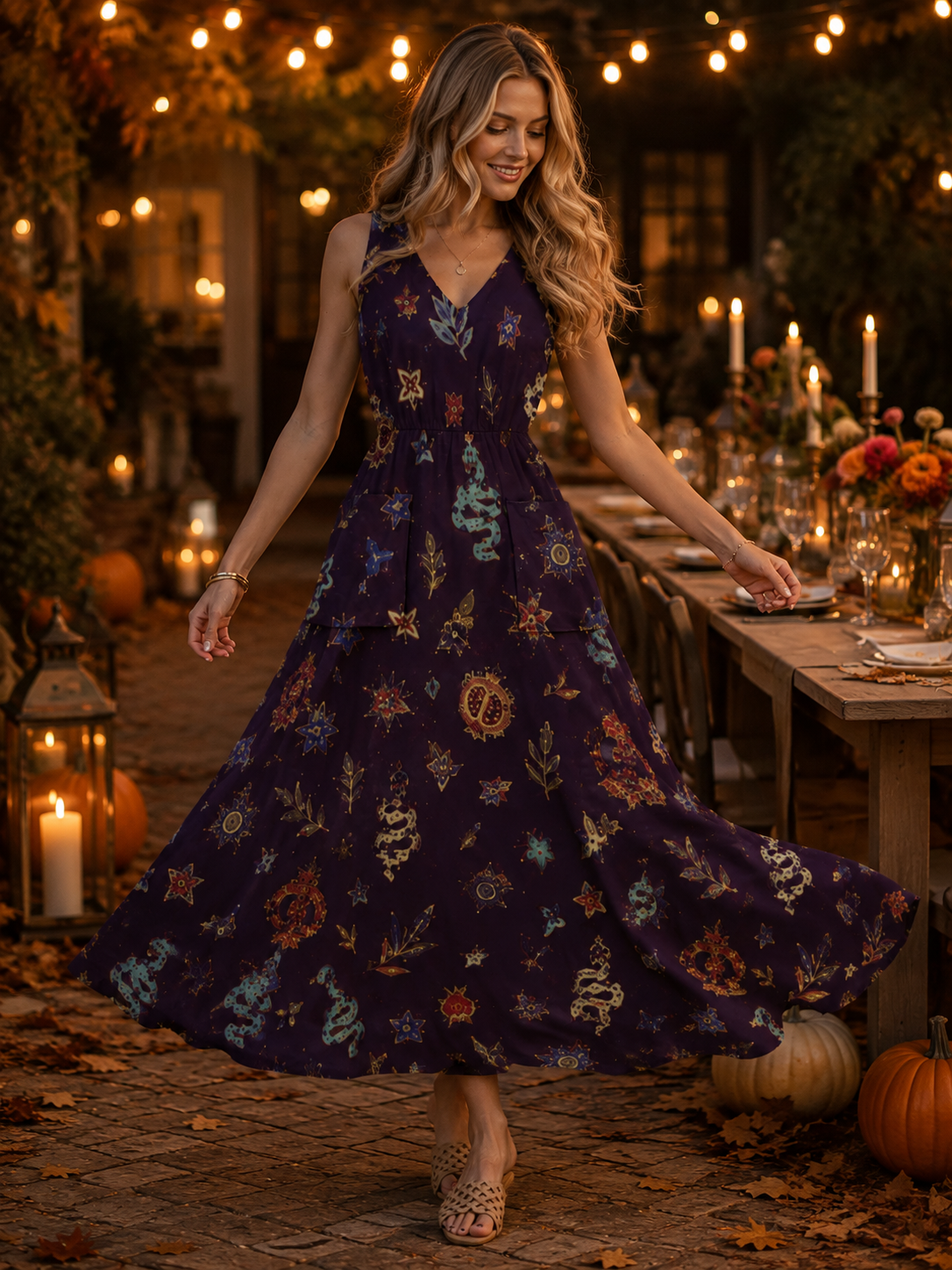 Midnight Floral Maxi Dress with Pockets | V-Neck Resort Dress