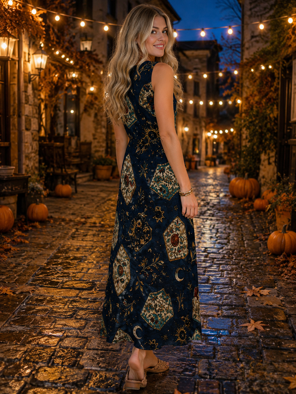 Moonlit Navy Maxi Dress with Pockets | Celestial V-Neck Dress