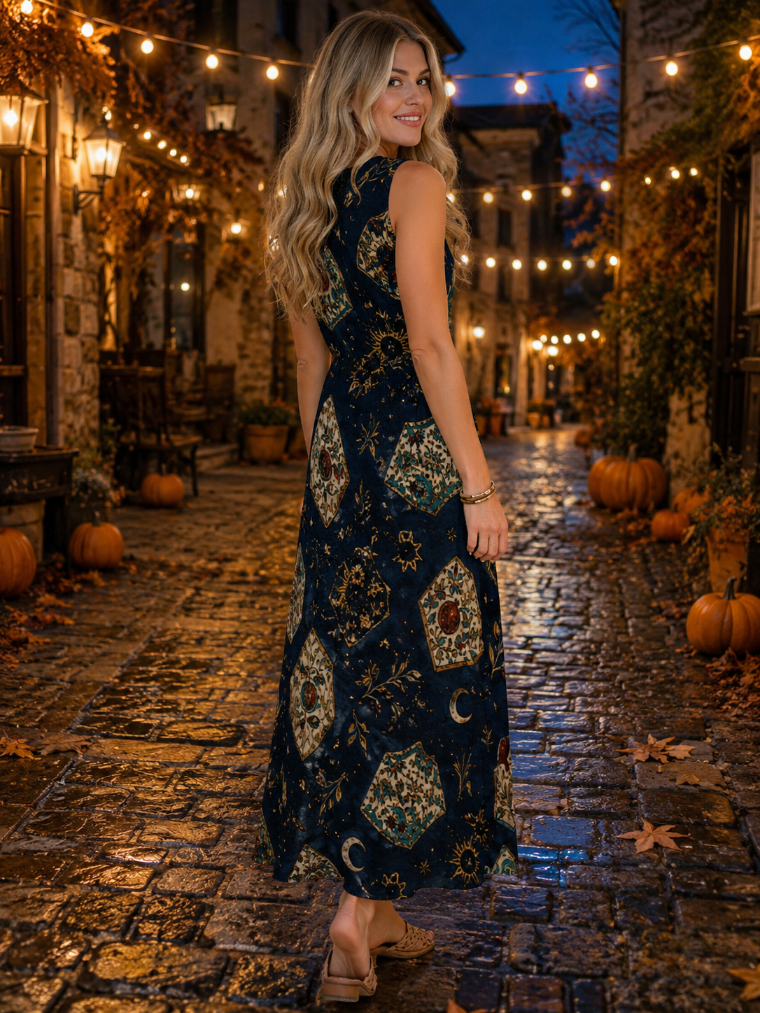 Moonlit Navy Maxi Dress with Pockets | Celestial V-Neck Dress