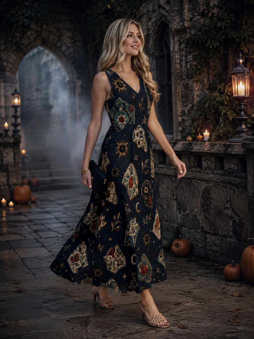 Moonlit Navy Maxi Dress with Pockets | Celestial V-Neck Dress