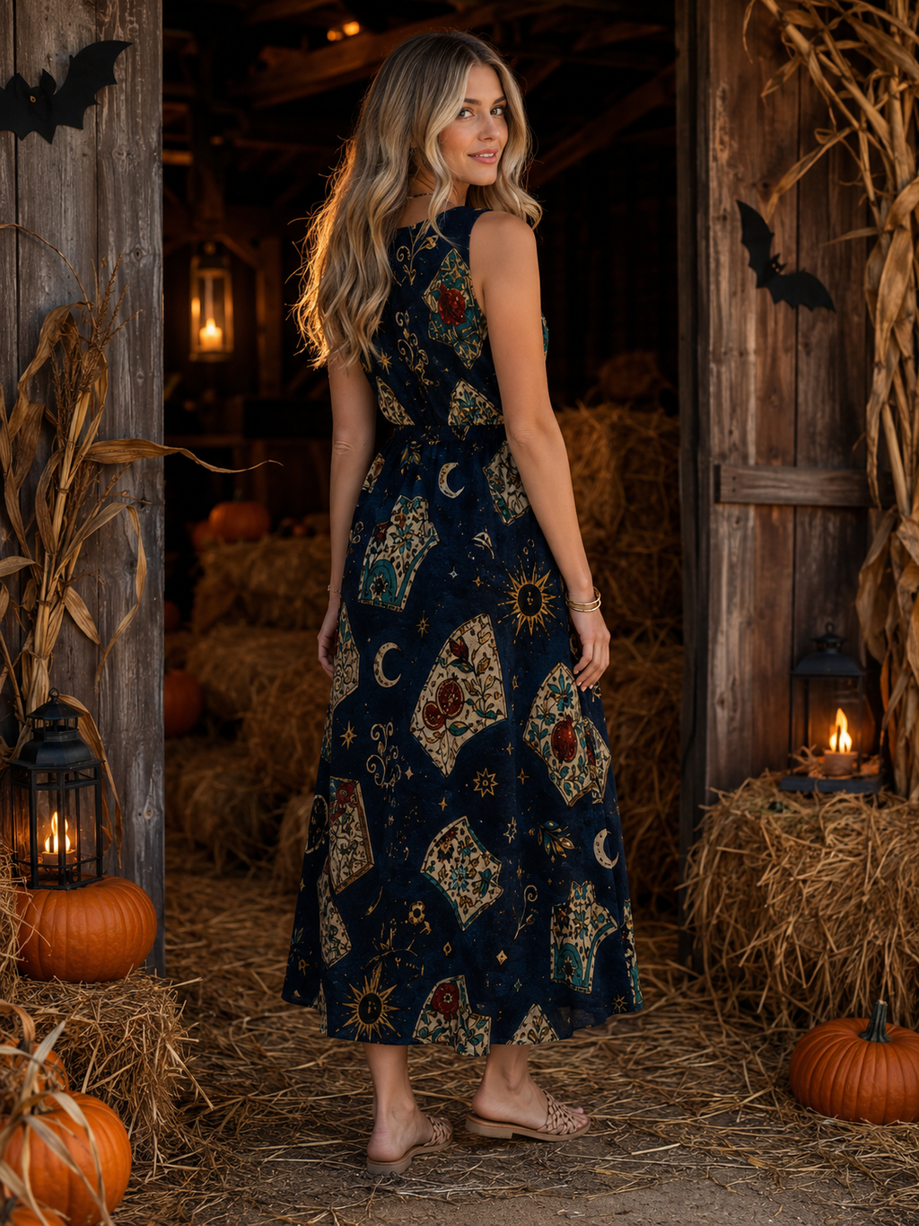 Moonlit Navy Maxi Dress with Pockets | Celestial V-Neck Dress