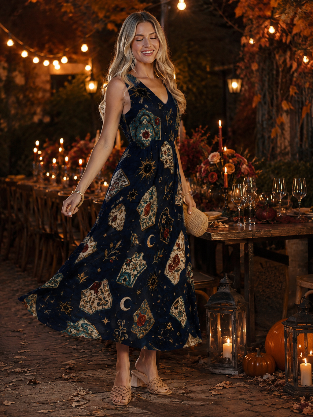 Moonlit Navy Maxi Dress with Pockets | Celestial V-Neck Dress