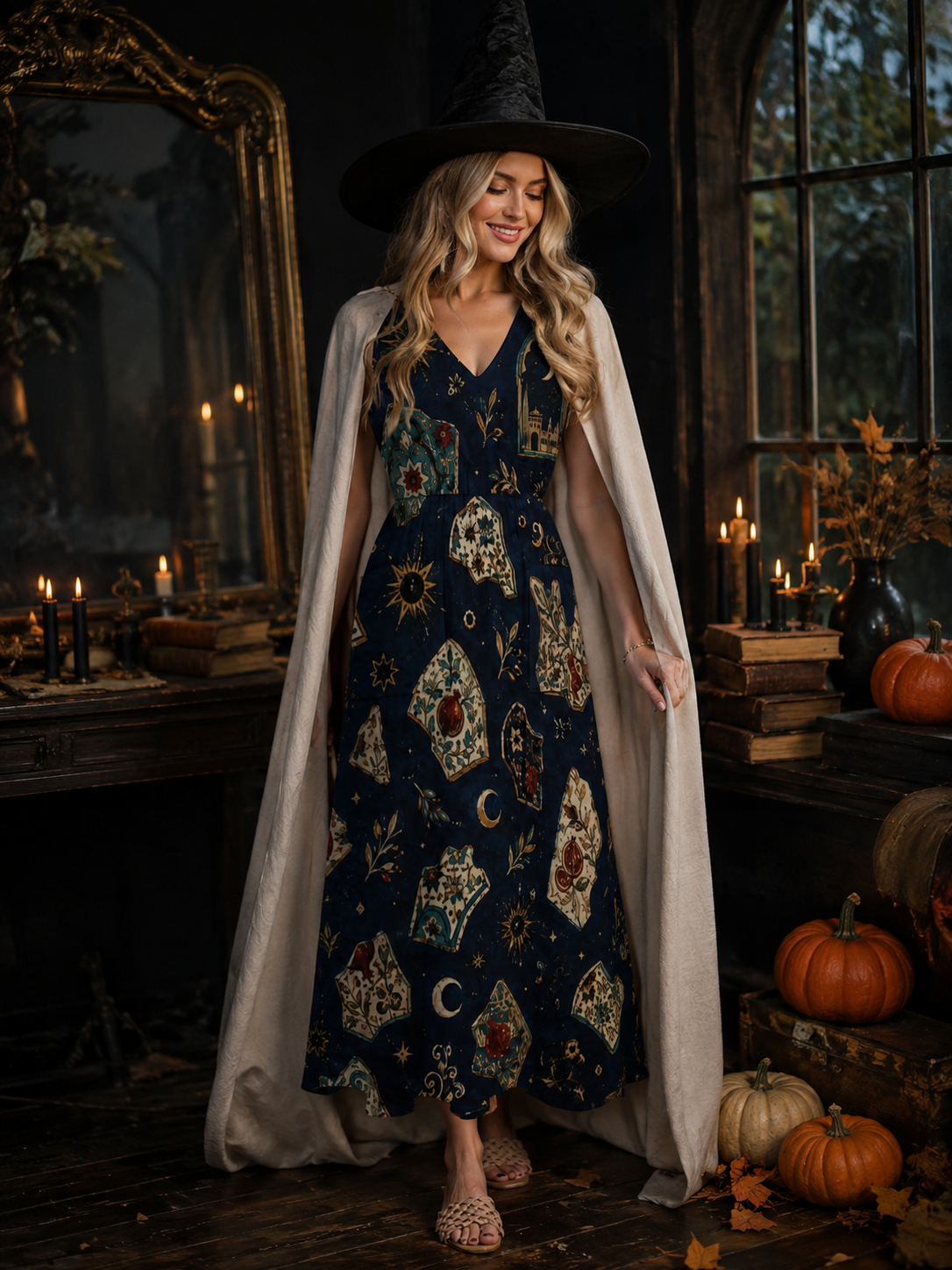 Moonlit Navy Maxi Dress with Pockets | Celestial V-Neck Dress