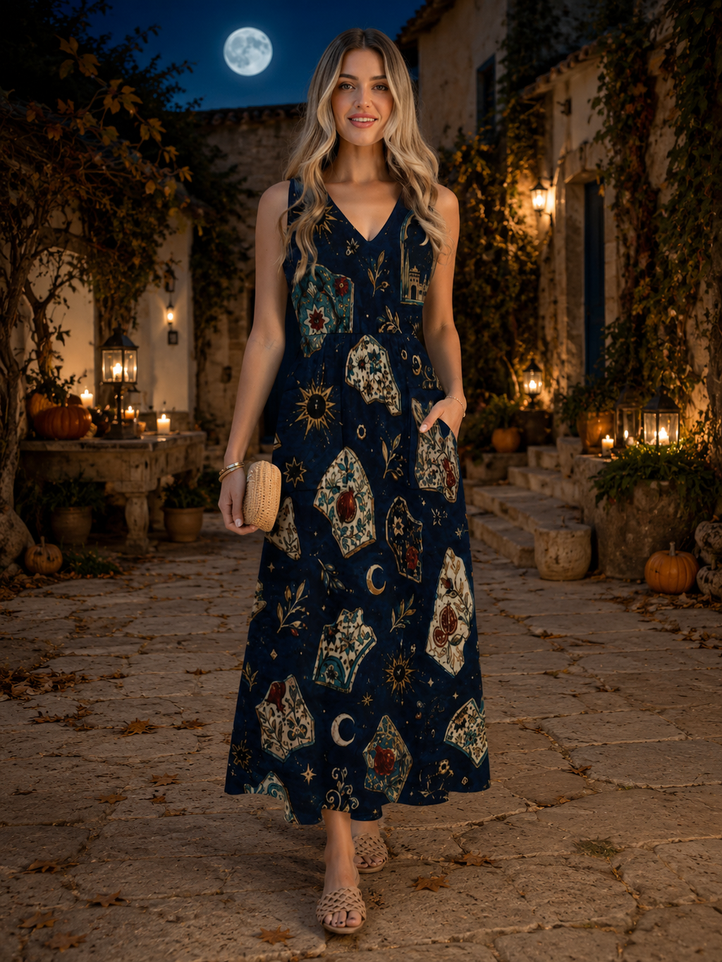 Moonlit Navy Maxi Dress with Pockets | Celestial V-Neck Dress