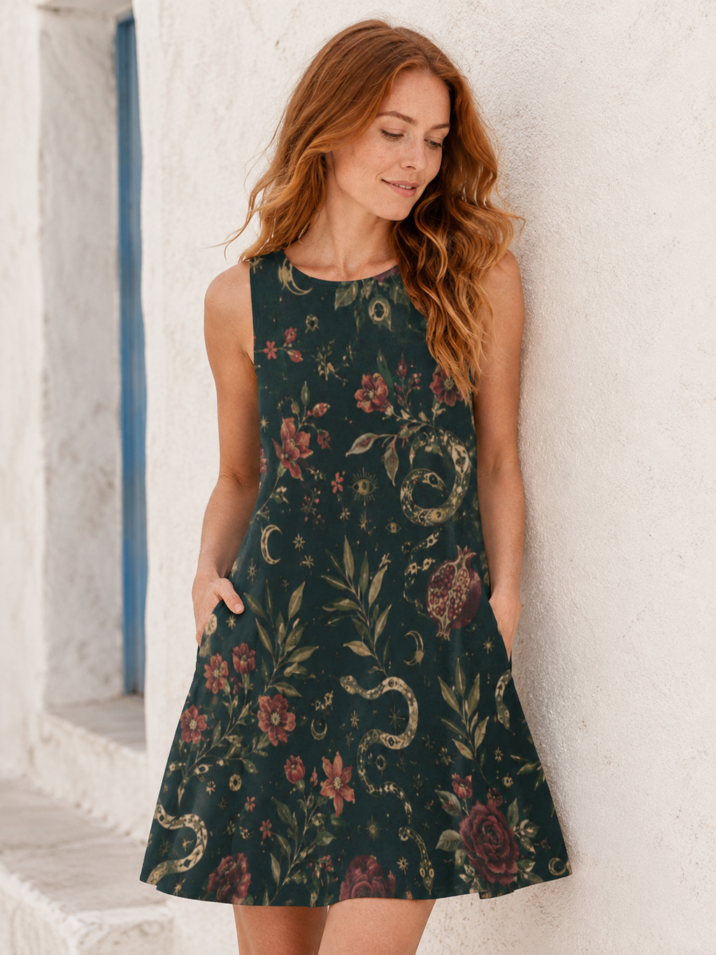 Midnight Botanical A-Line Mini Dress with Pockets | Wearable Art
