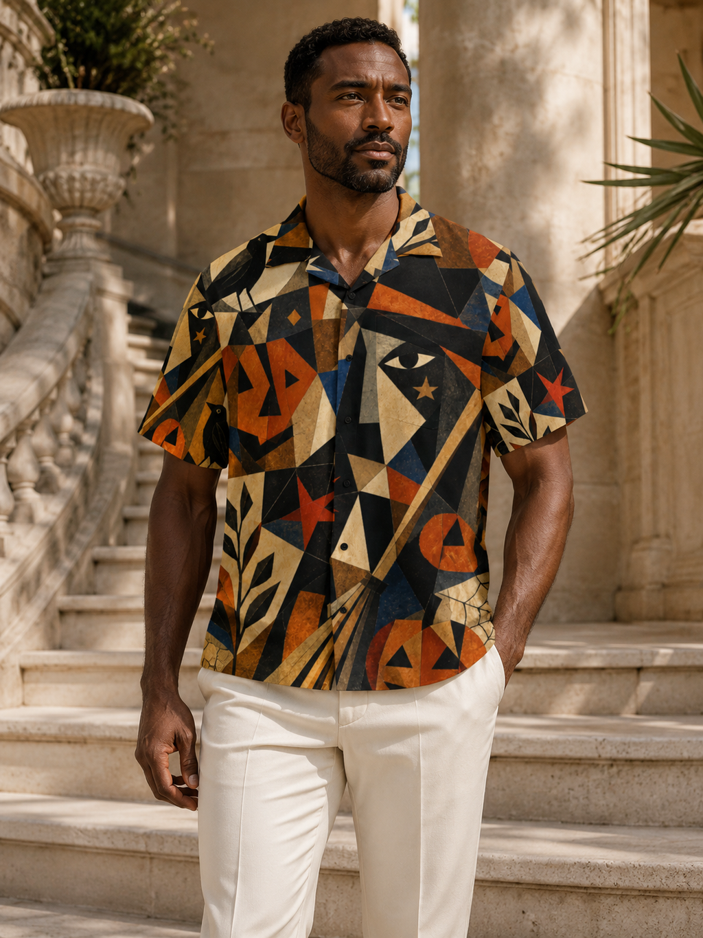 Men’s Retro Halloween Hawaiian Shirt | Geometric Pumpkin Eye