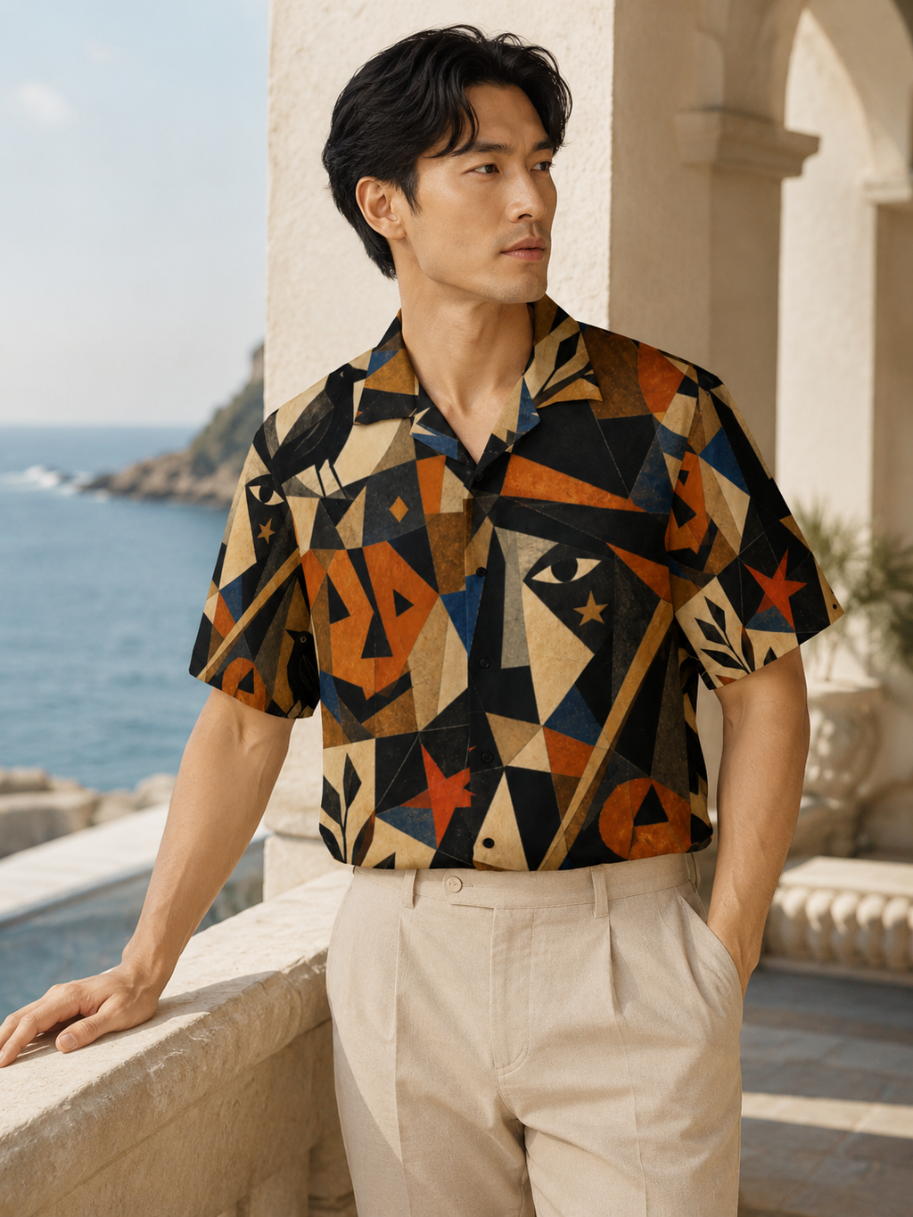 Men’s Retro Halloween Hawaiian Shirt | Geometric Pumpkin Eye