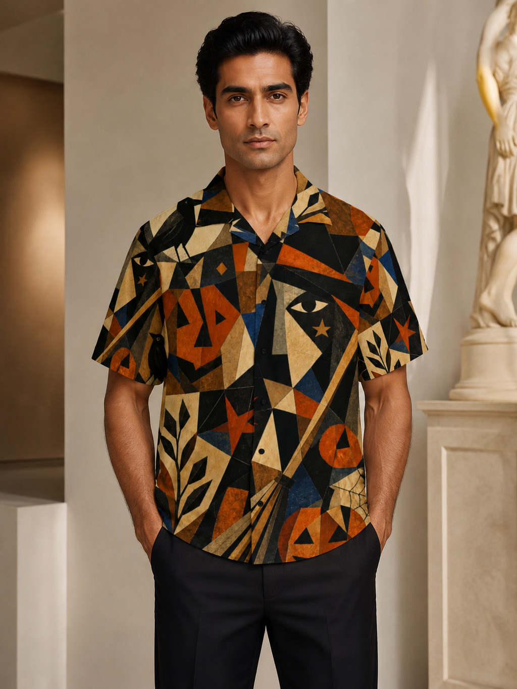Men’s Retro Halloween Hawaiian Shirt | Geometric Pumpkin Eye