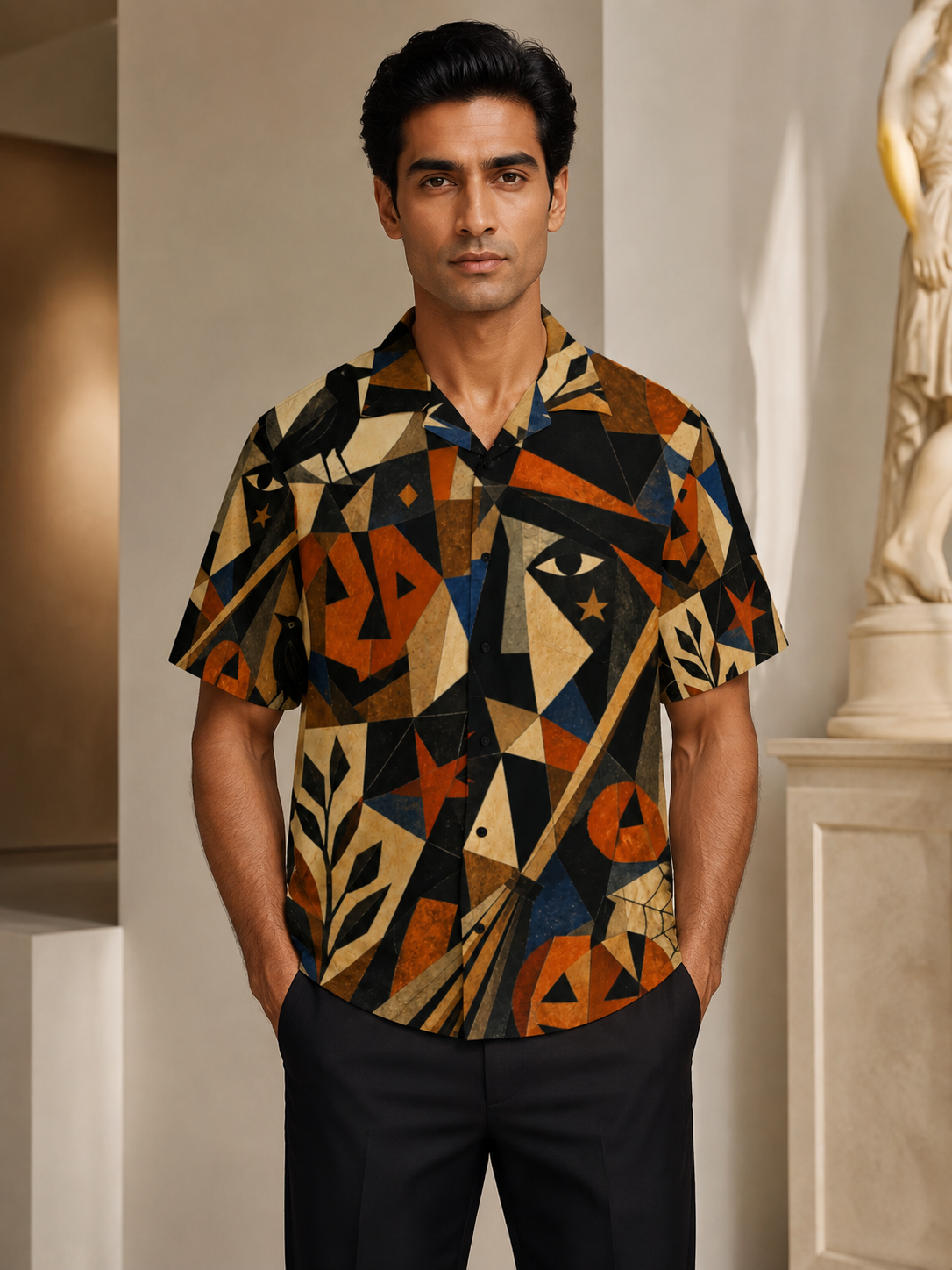 Men’s Retro Halloween Hawaiian Shirt | Geometric Pumpkin Eye