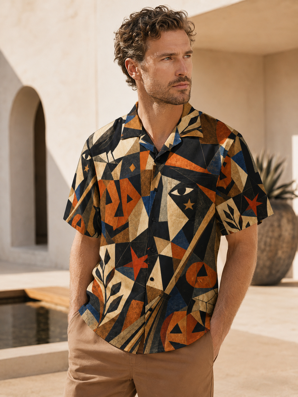 Men’s Retro Halloween Hawaiian Shirt | Geometric Pumpkin Eye