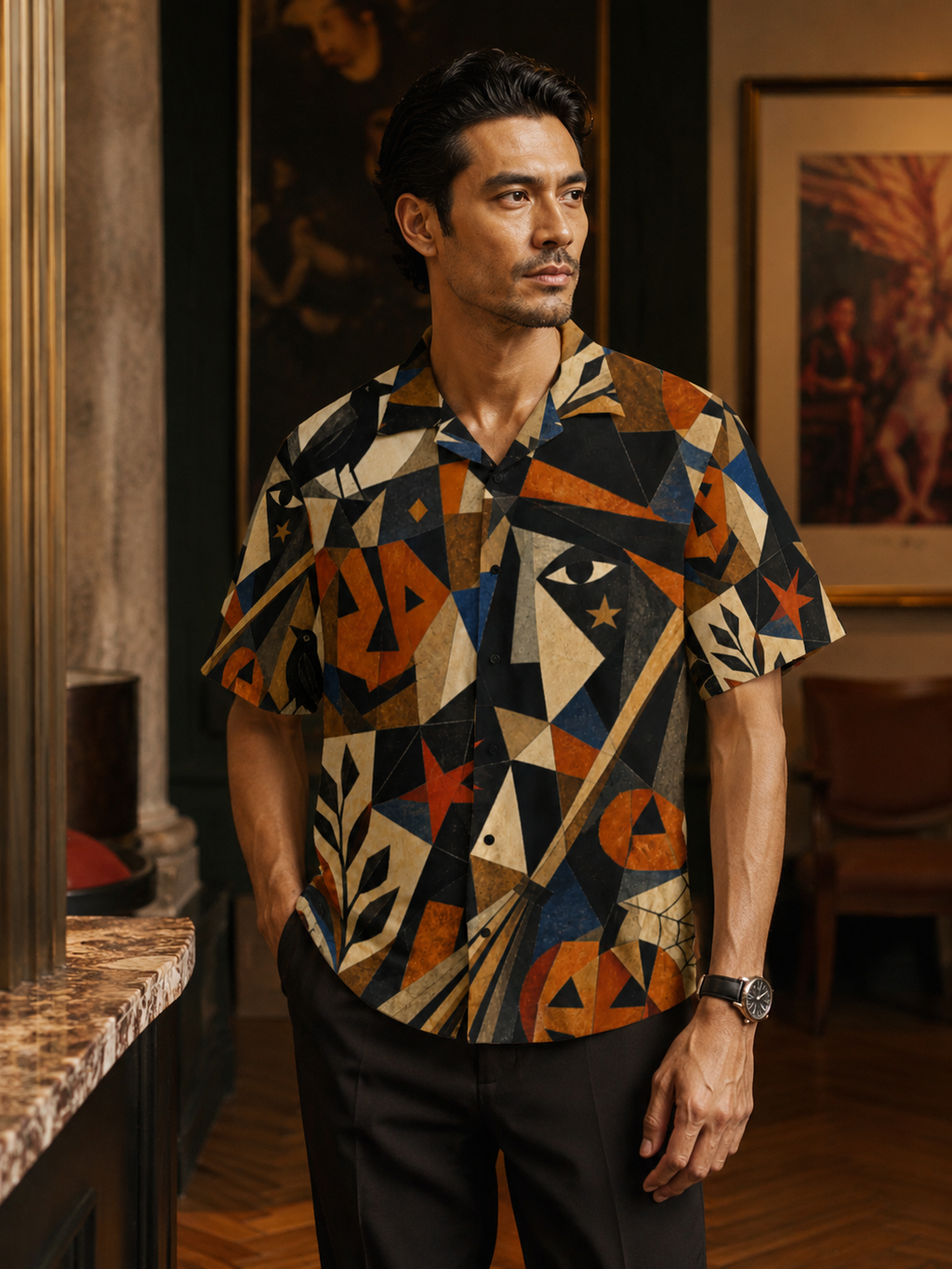 Men’s Retro Halloween Hawaiian Shirt | Geometric Pumpkin Eye