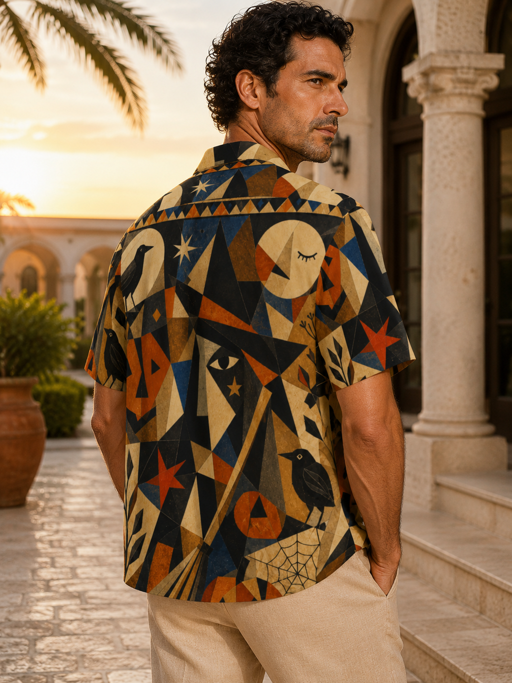 Men’s Retro Halloween Hawaiian Shirt | Geometric Pumpkin Eye