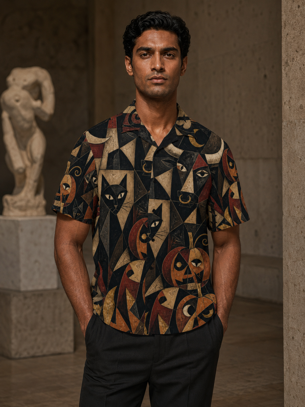 Men’s Gothic Halloween Hawaiian Shirt | Black Cat Pumpkin