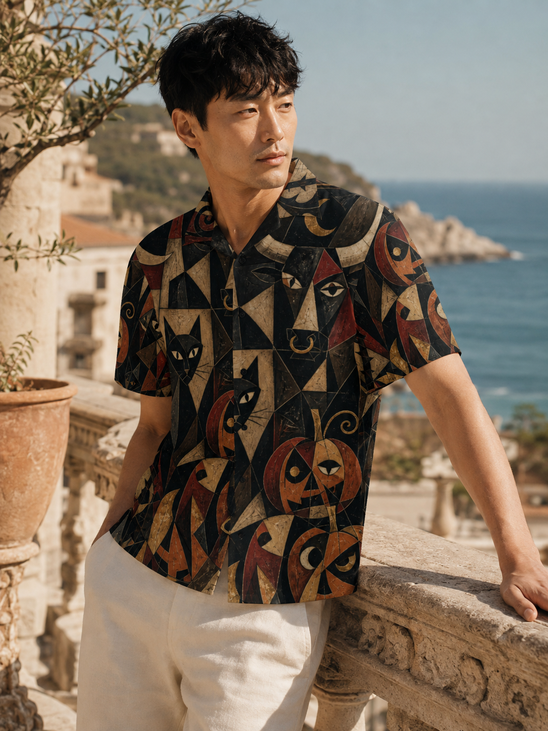 Men’s Gothic Halloween Hawaiian Shirt | Black Cat Pumpkin