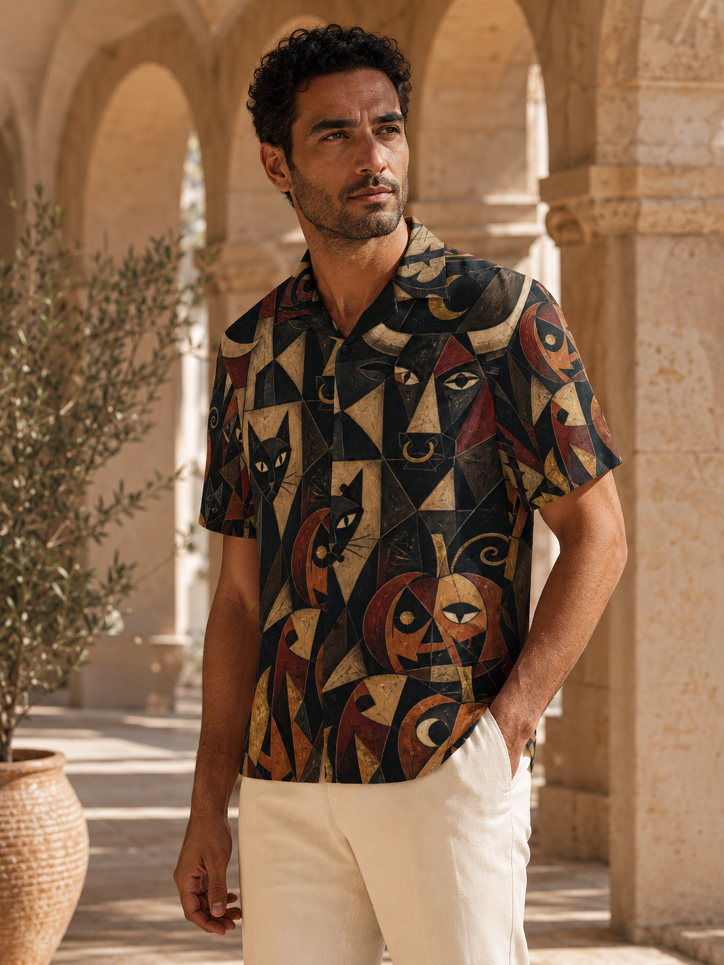 Men’s Gothic Halloween Hawaiian Shirt | Black Cat Pumpkin