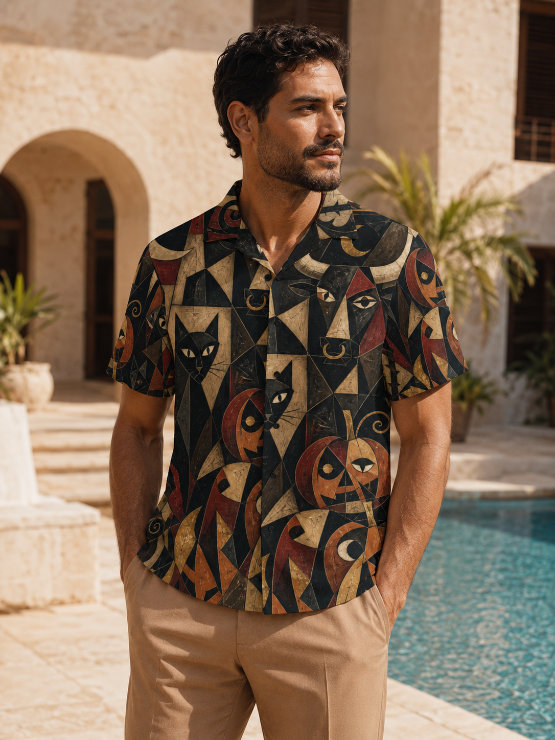 Men’s Gothic Halloween Hawaiian Shirt | Black Cat Pumpkin