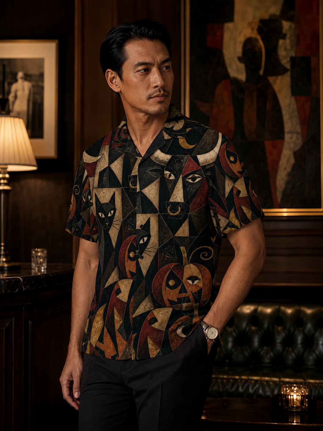 Men’s Gothic Halloween Hawaiian Shirt | Black Cat Pumpkin