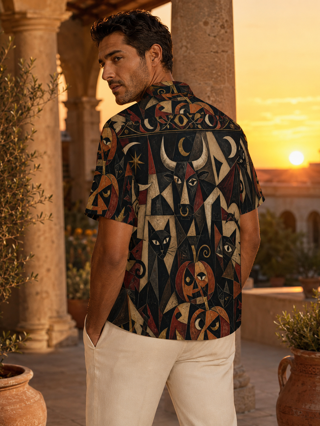 Men’s Gothic Halloween Hawaiian Shirt | Black Cat Pumpkin