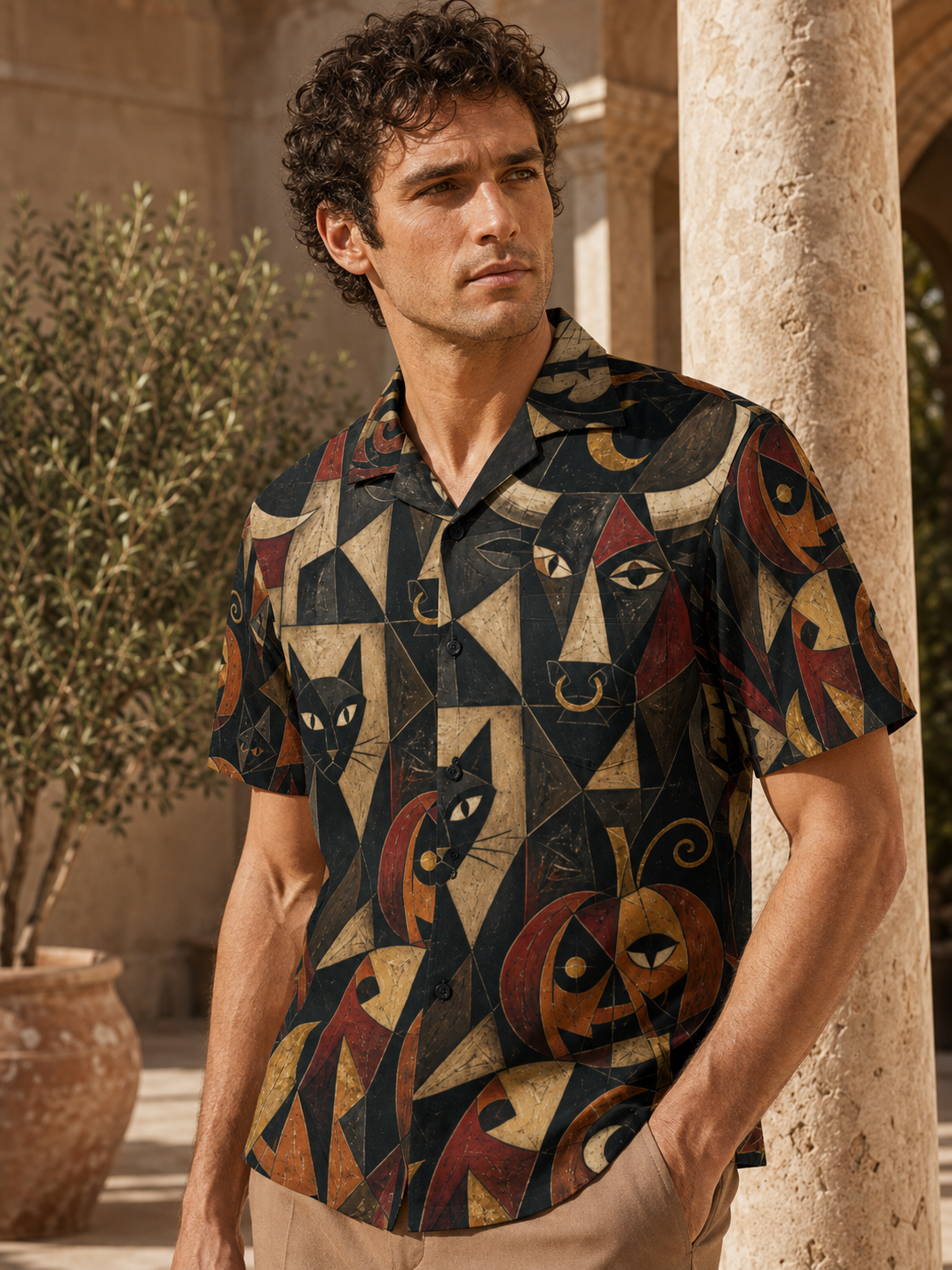 Men’s Gothic Halloween Hawaiian Shirt | Black Cat Pumpkin
