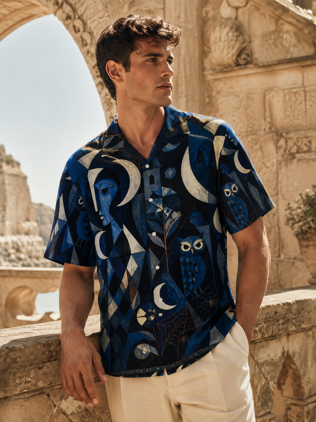 Men’s Celestial Moon Hawaiian Shirt | Navy Owl Camp Collar