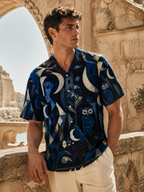 Men’s Celestial Moon Hawaiian Shirt | Navy Owl Camp Collar