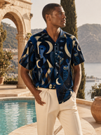 Men’s Celestial Moon Hawaiian Shirt | Navy Owl Camp Collar