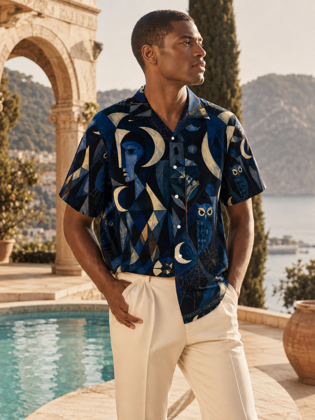 Men’s Celestial Moon Hawaiian Shirt | Navy Owl Camp Collar