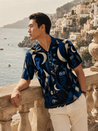 Men’s Celestial Moon Hawaiian Shirt | Navy Owl Camp Collar